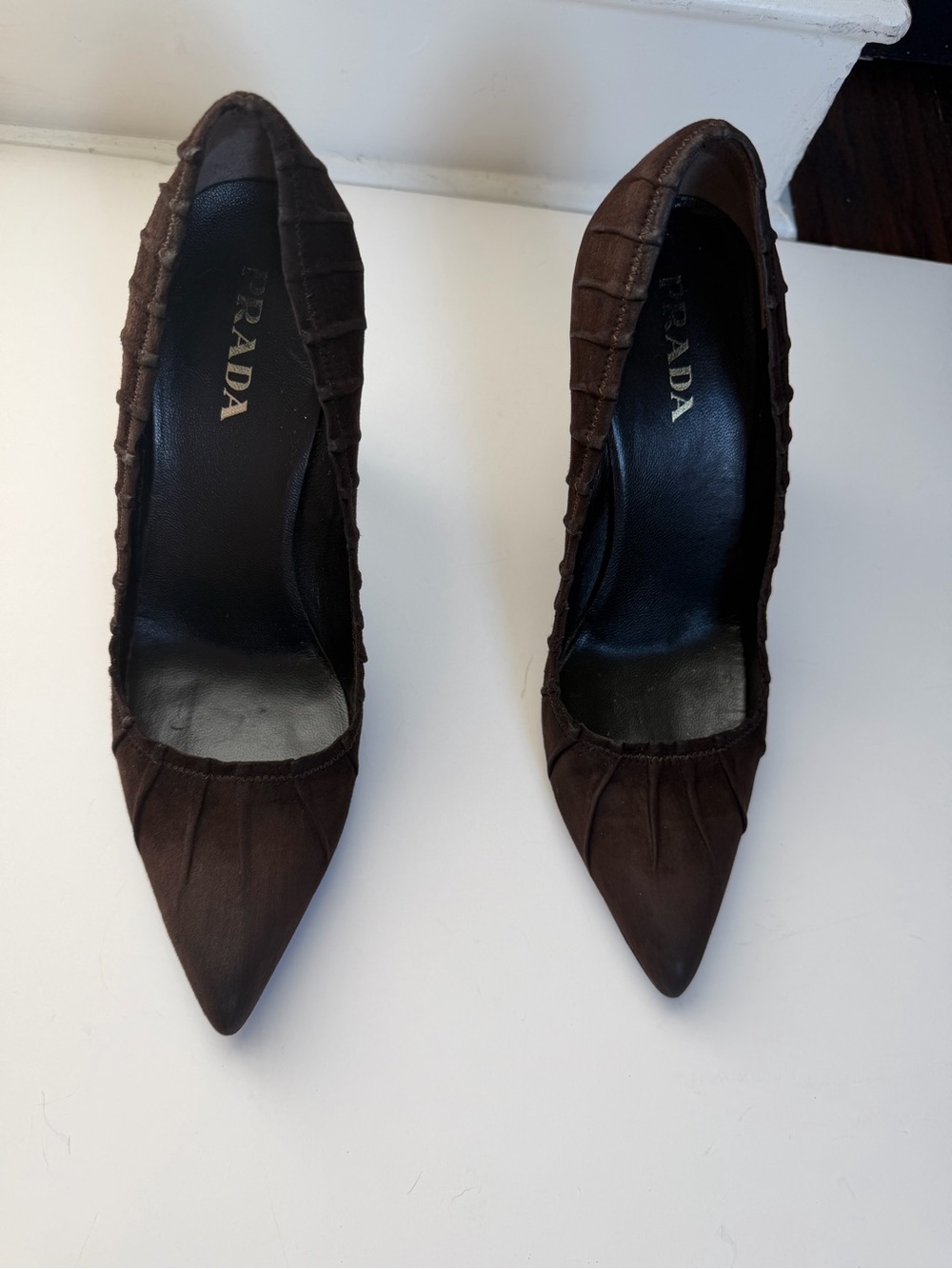 Prada Camoscio Plisse Women's Dark Brown Suede Heels - Picture 14 of 15